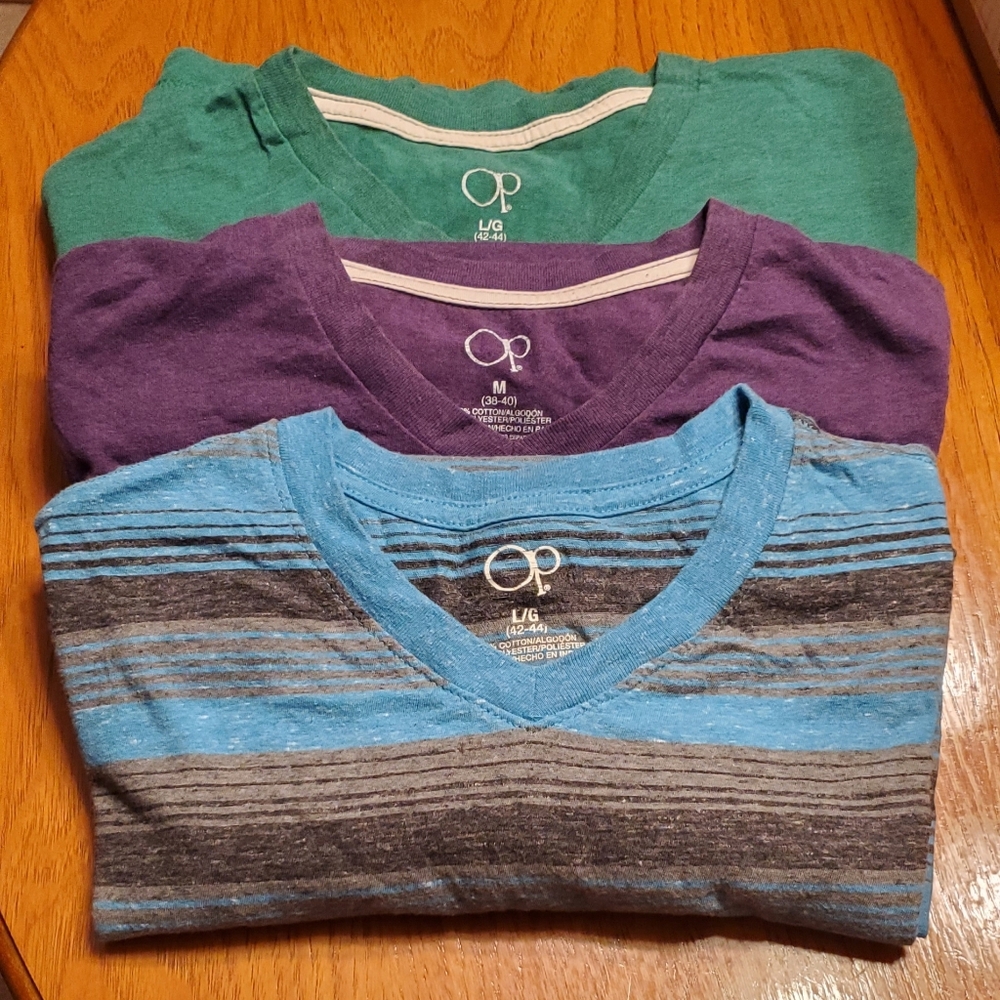 Op T-Shirts in Green, Purple, and Blue